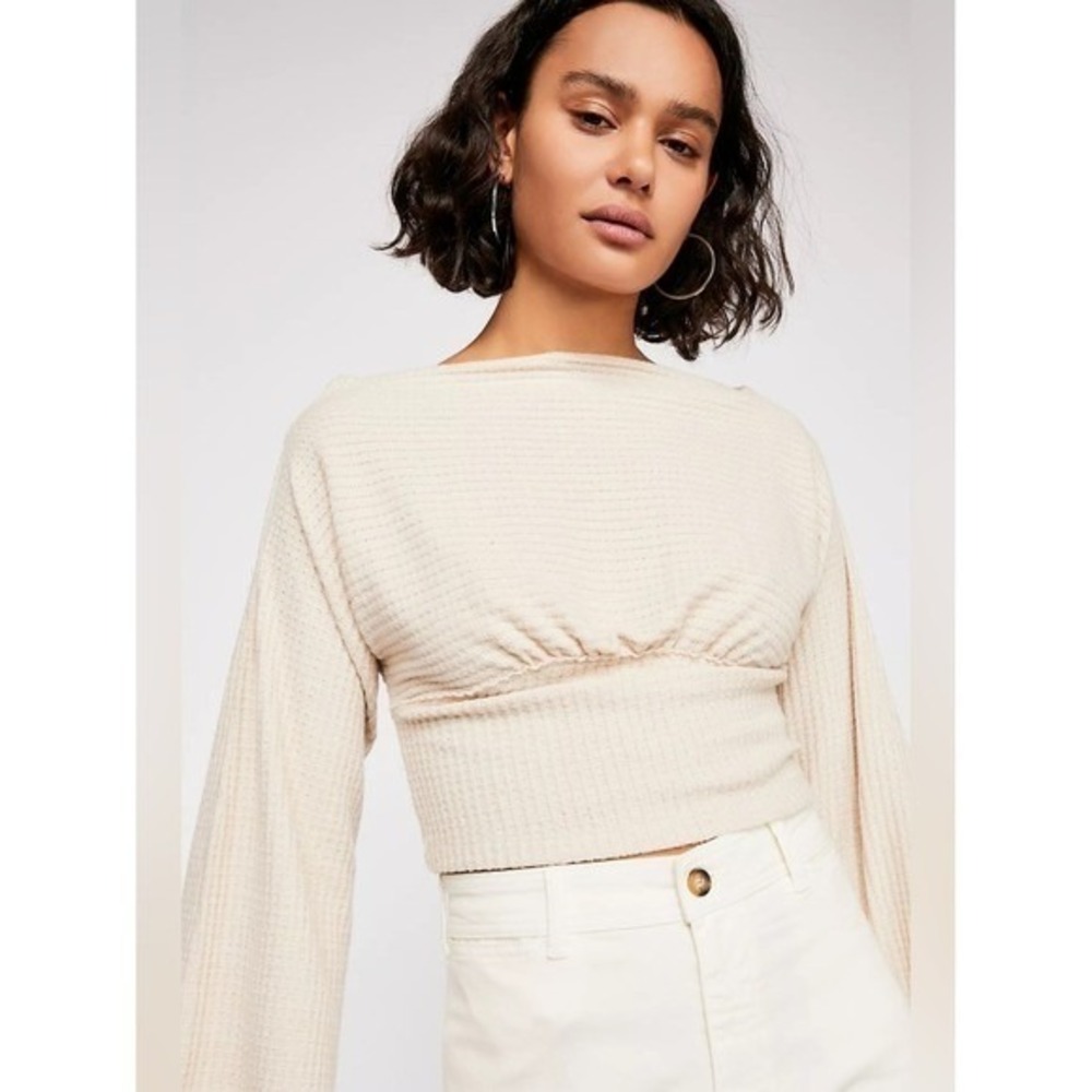 Free People We The Free Beige Crazy On You Thermal Top S Bell Sleeve Boho Soft